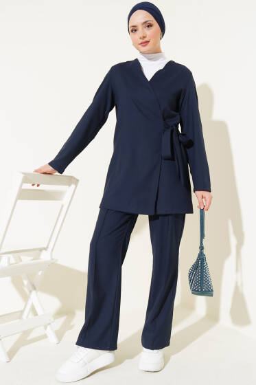 Yandan Bağlamalı Kumaş İkili Takım Lacivert - İkili Takım