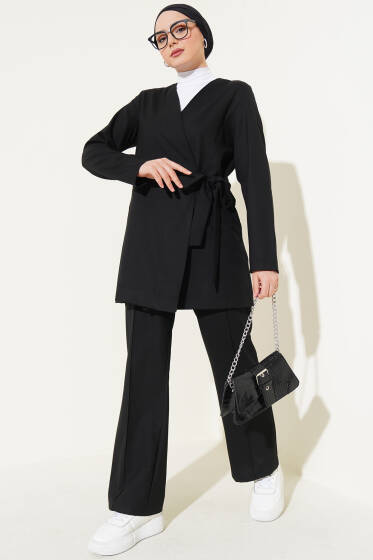Yandan Bağlamalı Kumaş İkili Takım Siyah - İkili Takım