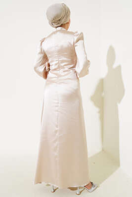 Yandan Bağlamalı Saten Elbise Bej - Tesettür Elbise