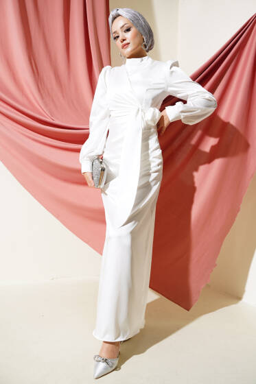 Yandan Bağlamalı Saten Elbise Beyaz - Tesettür Elbise