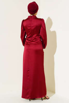 Yandan Bağlamalı Saten Elbise Bordo - Tesettür Elbise