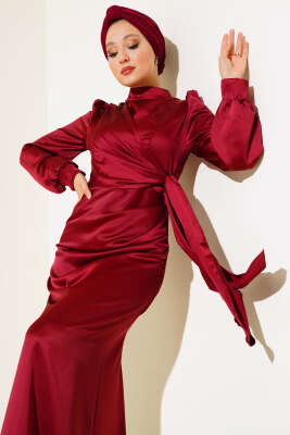 Yandan Bağlamalı Saten Elbise Bordo - Tesettür Elbise