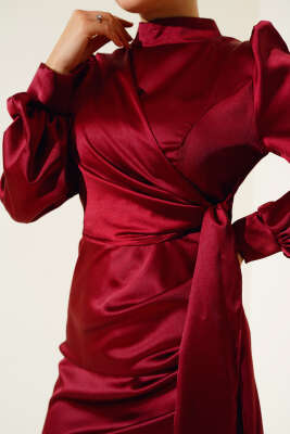 Yandan Bağlamalı Saten Elbise Bordo - Tesettür Elbise