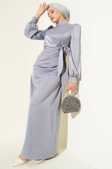 Yandan Bağlamalı Saten Elbise Gri - Elbise