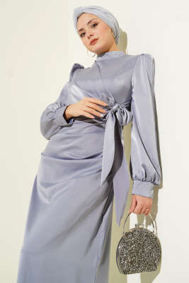 Yandan Bağlamalı Saten Elbise Gri - Elbise