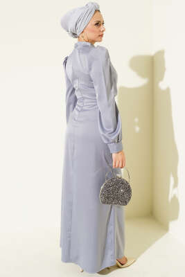 Yandan Bağlamalı Saten Elbise Gri - Elbise