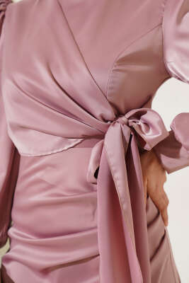 Yandan Bağlamalı Saten Elbise Gül Kurusu - Tesettür Elbise