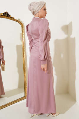 Yandan Bağlamalı Saten Elbise Gül Kurusu - Tesettür Elbise