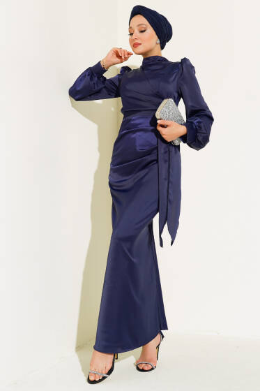 Yandan Bağlamalı Saten Elbise Lacivert - Elbise