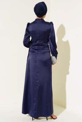Yandan Bağlamalı Saten Elbise Lacivert - Tesettür Elbise