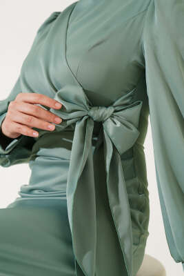 Yandan Bağlamalı Saten Elbise Mint - Tesettür Elbise