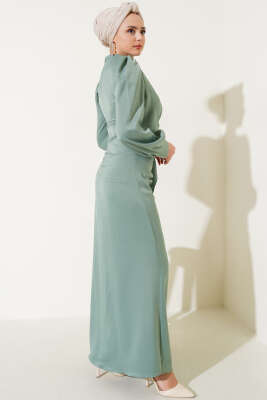 Yandan Bağlamalı Saten Elbise Mint - Tesettür Elbise