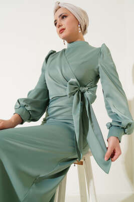 Yandan Bağlamalı Saten Elbise Mint - Tesettür Elbise