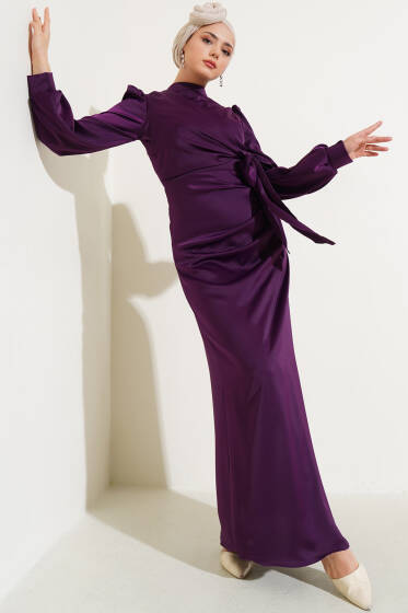 Yandan Bağlamalı Saten Elbise Mor - Tesettür Elbise