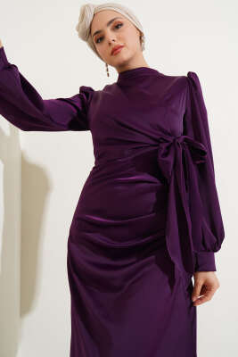 Yandan Bağlamalı Saten Elbise Mor - Tesettür Elbise