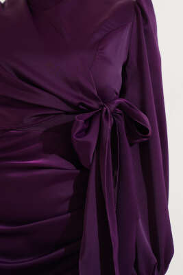 Yandan Bağlamalı Saten Elbise Mor - Tesettür Elbise