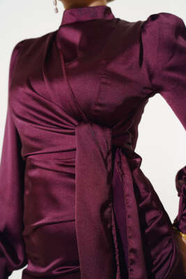 Yandan Bağlamalı Saten Elbise Mürdüm - Tesettür Elbise