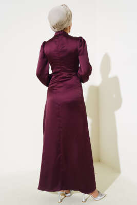 Yandan Bağlamalı Saten Elbise Mürdüm - Tesettür Elbise