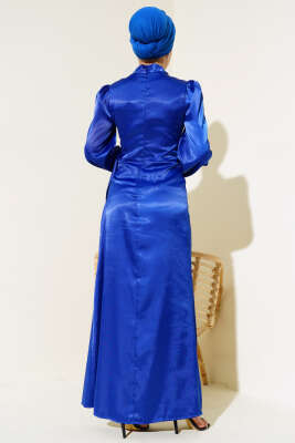 Yandan Bağlamalı Saten Elbise Saks - Tesettür Elbise