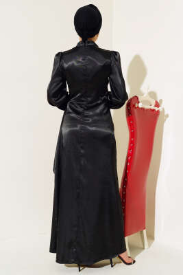 Yandan Bağlamalı Saten Elbise Siyah - Tesettür Elbise