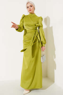 Yandan Bağlamalı Saten Elbise Yağ Yeşili 