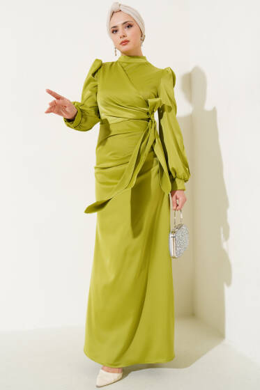 Yandan Bağlamalı Saten Elbise Yağ Yeşili - Tesettür Elbise
