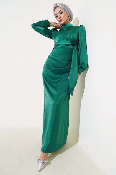 Yandan Bağlamalı Saten Elbise Yeşil - Tesettür Elbise