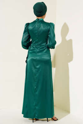 Yandan Bağlamalı Saten Elbise Zümrüt - Tesettür Elbise