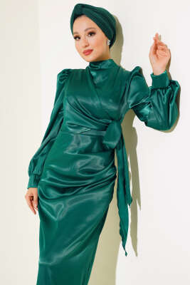 Yandan Bağlamalı Saten Elbise Zümrüt - Tesettür Elbise