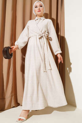 Yandan Bağlamalı Taş Düğmeli Gofre Elbise Bej 