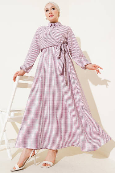 Yandan Bağlamalı Taş Düğmeli Gofre Elbise Bordo - Elbise