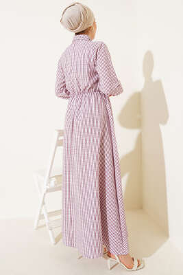 Yandan Bağlamalı Taş Düğmeli Gofre Elbise Bordo - Tesettür Elbise