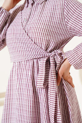 Yandan Bağlamalı Taş Düğmeli Gofre Elbise Bordo - Tesettür Elbise