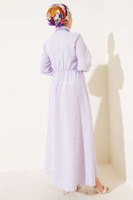 Yandan Bağlamalı Taş Düğmeli Gofre Elbise Lila - Tesettür Elbise