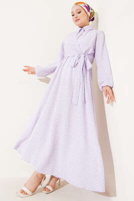 Yandan Bağlamalı Taş Düğmeli Gofre Elbise Lila