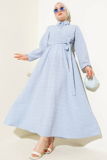 Yandan Bağlamalı Taş Düğmeli Gofre Elbise Mavi - Elbise