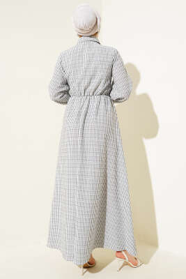 Yandan Bağlamalı Taş Düğmeli Gofre Elbise Siyah - Tesettür Elbise