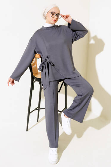 Yandan Bağlamalı Tunik İkili Takım Füme - İkili Takım