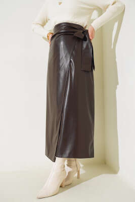 Yandan Bel Bağlamalı Deri Etek Kahve 