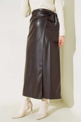 Yandan Bel Bağlamalı Deri Etek Kahve - Etek