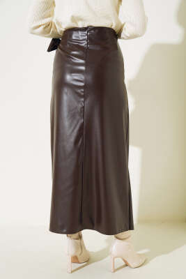 Yandan Bel Bağlamalı Deri Etek Kahve - Etek