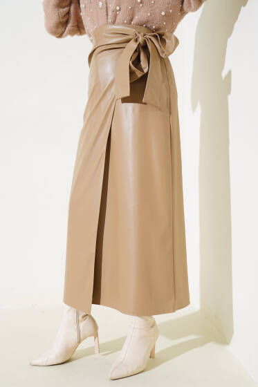 Yandan Bel Bağlamalı Deri Etek Latte - Etek