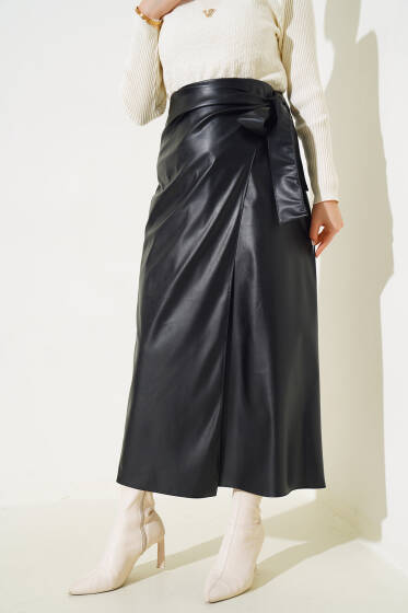 Yandan Bel Bağlamalı Deri Etek Siyah - Etek