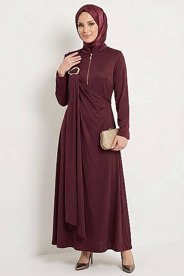Yandan Bronşlu Büzgülü Elbise Mürdüm - Elbise