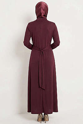 Yandan Bronşlu Büzgülü Elbise Mürdüm - Elbise