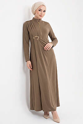 Yandan Bronşlu Büzgülü Elbise Vizon - ZAMANE (QSS)