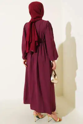 Yandan Bronşlu Elbise Bordo - Tesettür Elbise