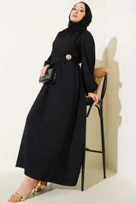 Yandan Bronşlu Elbise Siyah - Tesettür Elbise