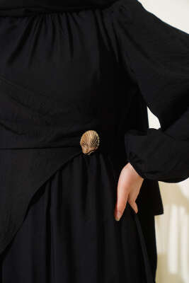 Yandan Bronşlu Elbise Siyah - Tesettür Elbise