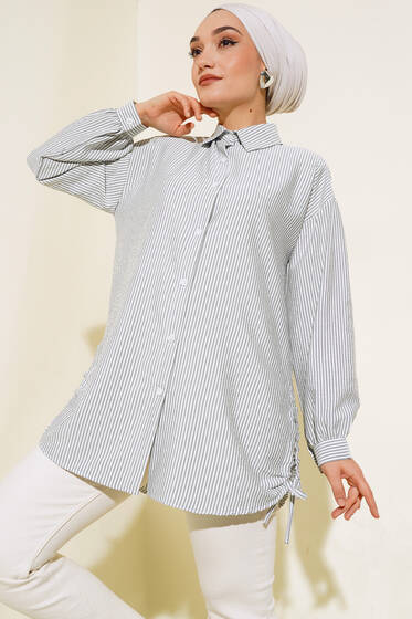 Yandan Büzgülü Çizgili Gömlek Gri - Gömlek